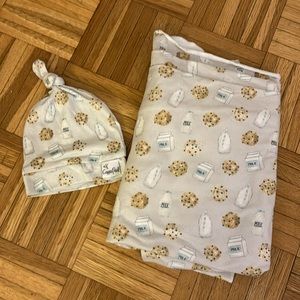 Copper Pearl Swaddle Blanket and Knit Cap Cookies and Milk / Chip Design